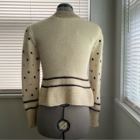 Women's Handknit Sweater Off White Brown Polka Dot Long Sleeve Size Handmade XXS - Picture 6 of 9